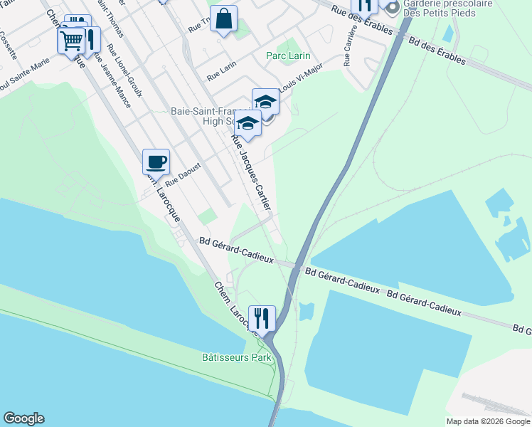 map of restaurants, bars, coffee shops, grocery stores, and more near 492 Rue Jacques-Cartier in Salaberry-de-Valleyfield