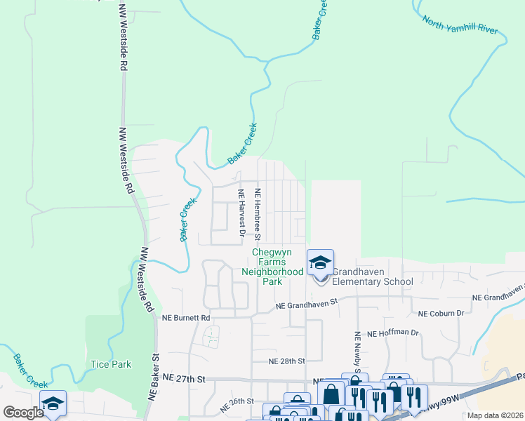 map of restaurants, bars, coffee shops, grocery stores, and more near 3584 Northeast Hembree Street in McMinnville