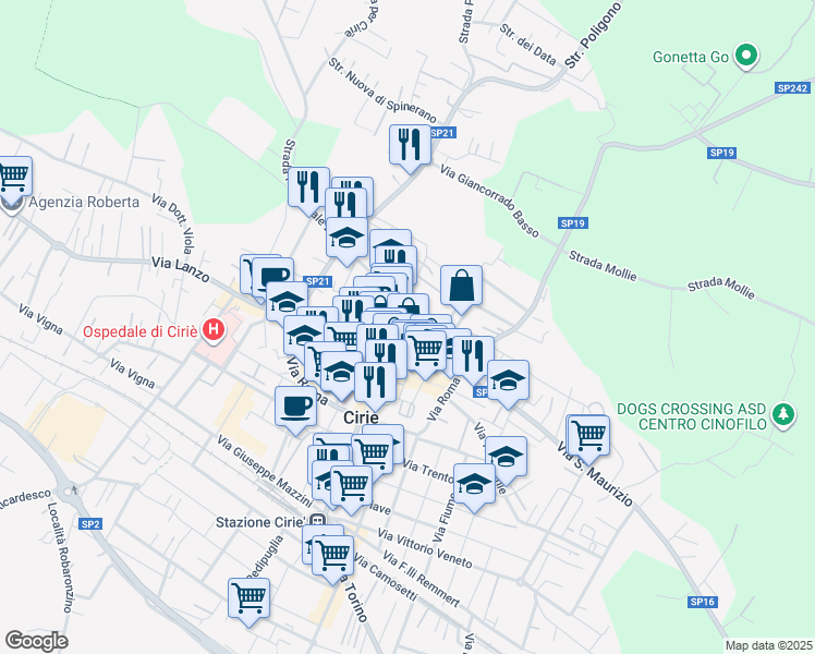 map of restaurants, bars, coffee shops, grocery stores, and more near 8 Piazza Castello in Ciriè