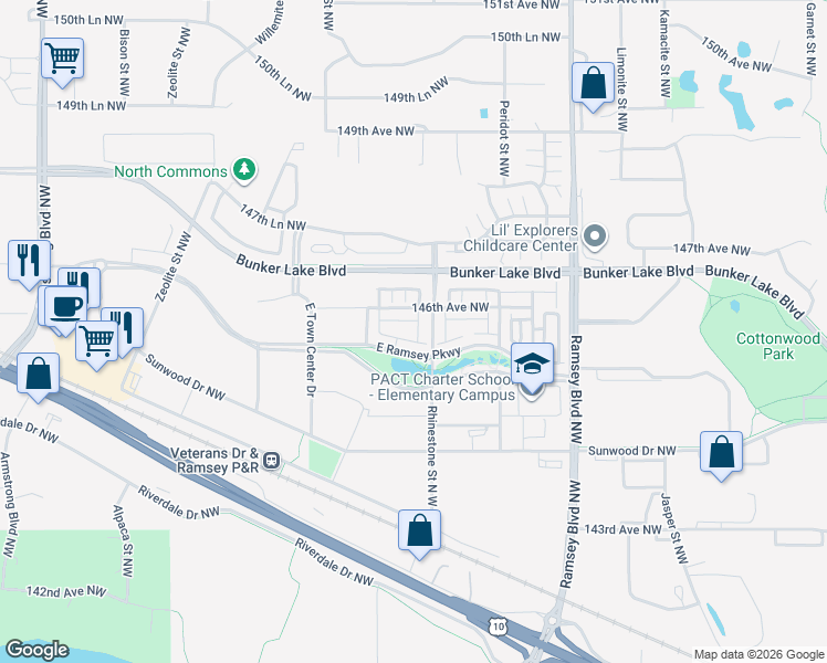 map of restaurants, bars, coffee shops, grocery stores, and more near 14610 Rhinestone Street North West in Anoka