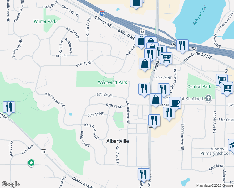 map of restaurants, bars, coffee shops, grocery stores, and more near 10758 58th Street Northeast in Albertville
