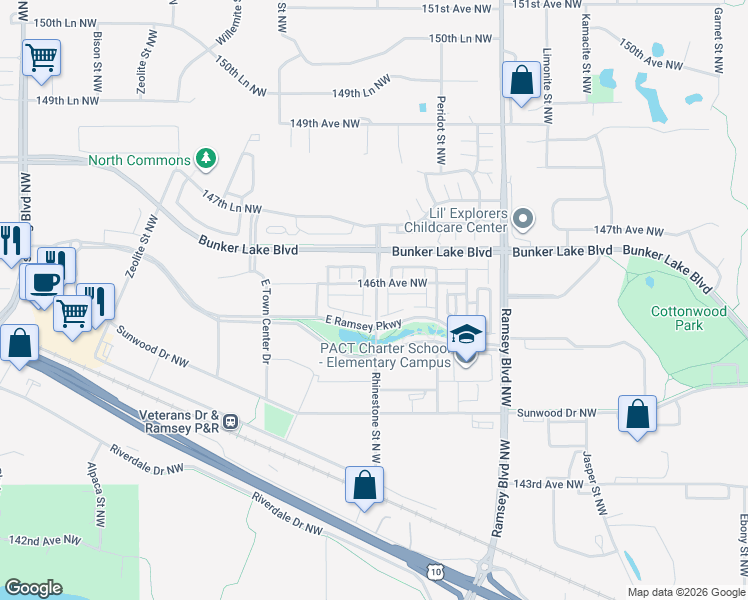map of restaurants, bars, coffee shops, grocery stores, and more near 14610 Rhinestone Street North West in Anoka