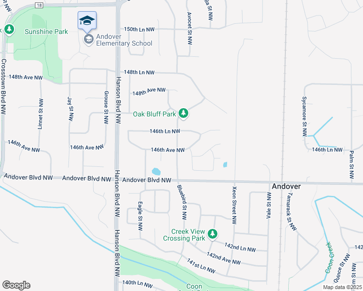 map of restaurants, bars, coffee shops, grocery stores, and more near 14613 Bluebird Street Northwest in Andover