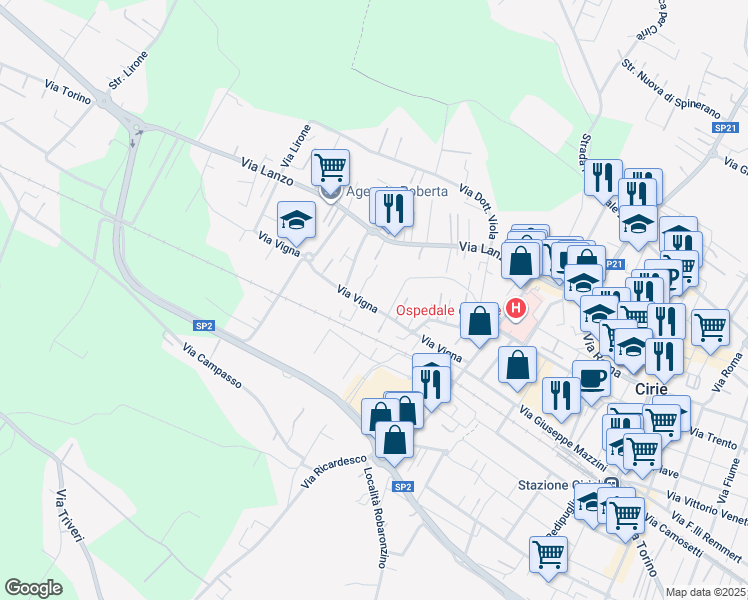 map of restaurants, bars, coffee shops, grocery stores, and more near 6 Via Paolo Borsellino in Ciriè