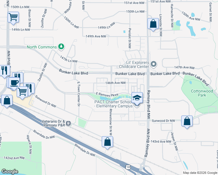 map of restaurants, bars, coffee shops, grocery stores, and more near 14610 Rhinestone Street North West in Anoka