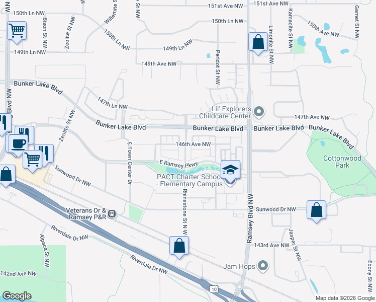 map of restaurants, bars, coffee shops, grocery stores, and more near 7368 145th Place in Ramsey