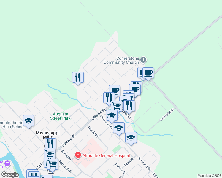 map of restaurants, bars, coffee shops, grocery stores, and more near 374 Honeyborne Street in Mississippi Mills