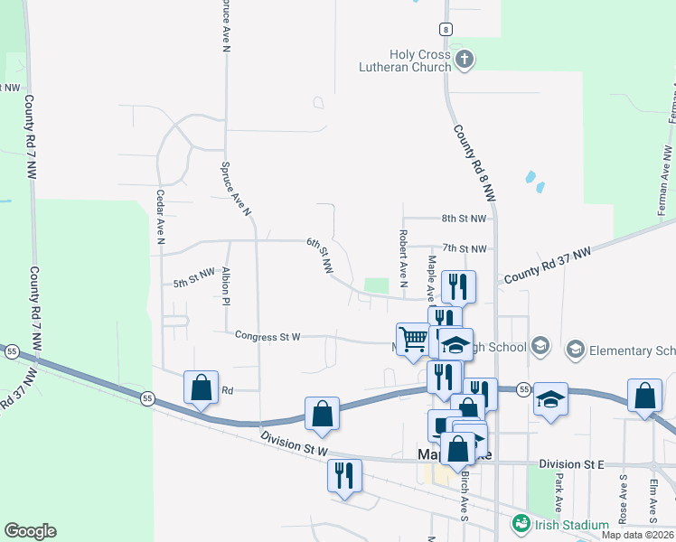map of restaurants, bars, coffee shops, grocery stores, and more near 503 6th Street Northwest in Maple Lake