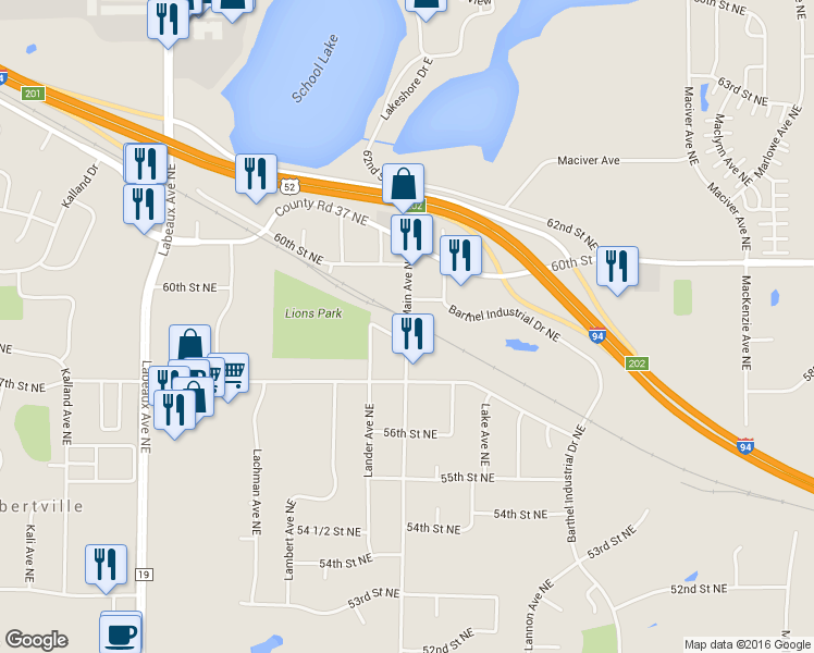 map of restaurants, bars, coffee shops, grocery stores, and more near 5790 Main Avenue Northeast in Albertville