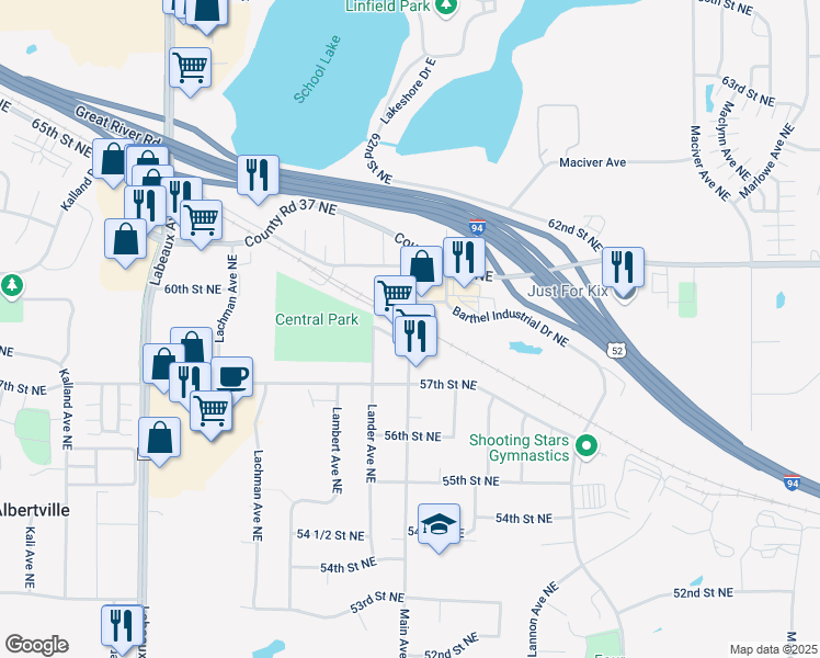 map of restaurants, bars, coffee shops, grocery stores, and more near 5790 Main Avenue Northeast in Albertville