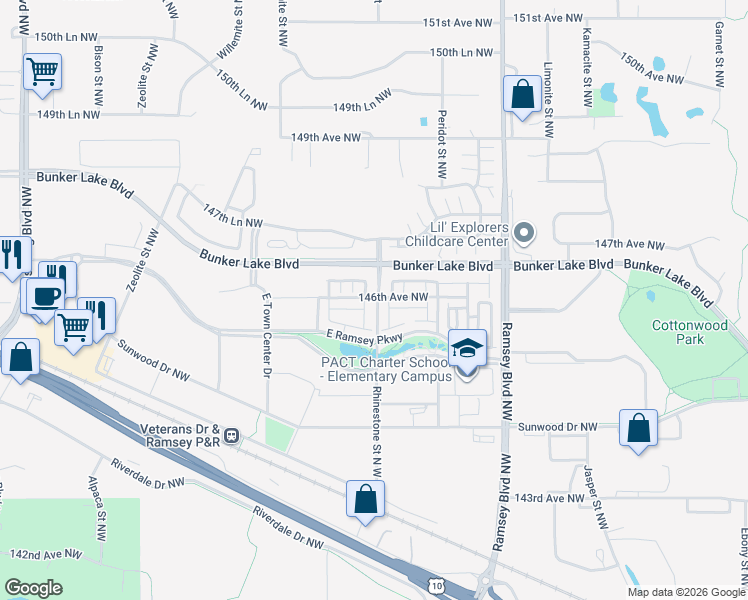 map of restaurants, bars, coffee shops, grocery stores, and more near 14610 Rhinestone Street North West in Anoka