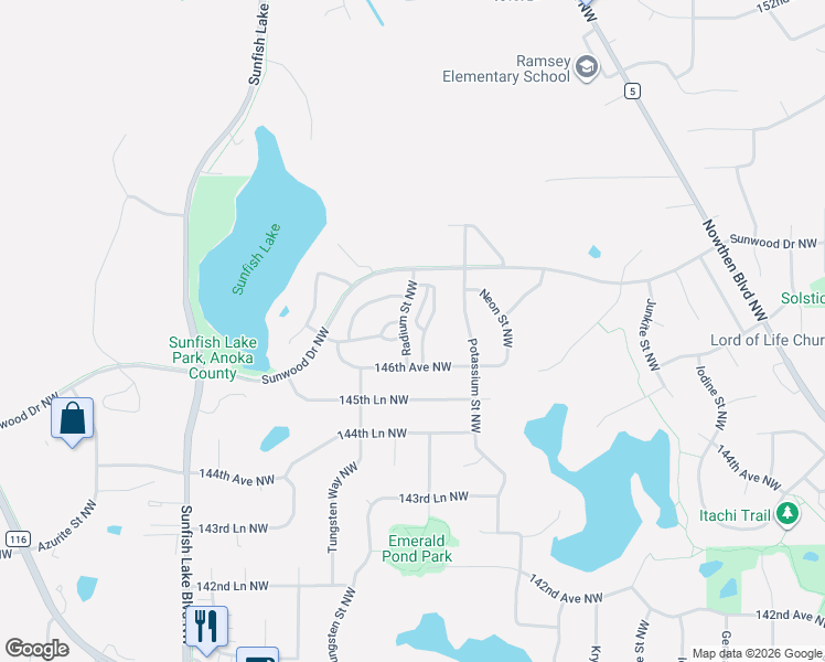 map of restaurants, bars, coffee shops, grocery stores, and more near 14667 Quicksilver Street Northwest in Ramsey
