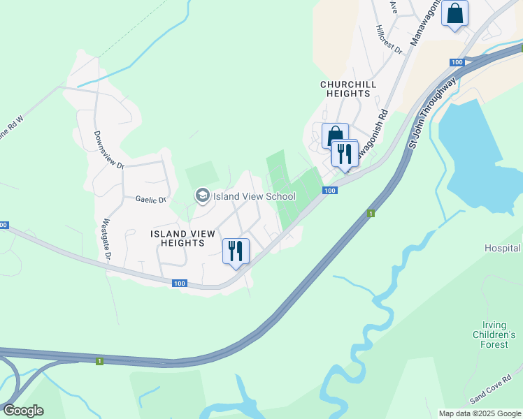map of restaurants, bars, coffee shops, grocery stores, and more near 385 Ridge Row in Saint John