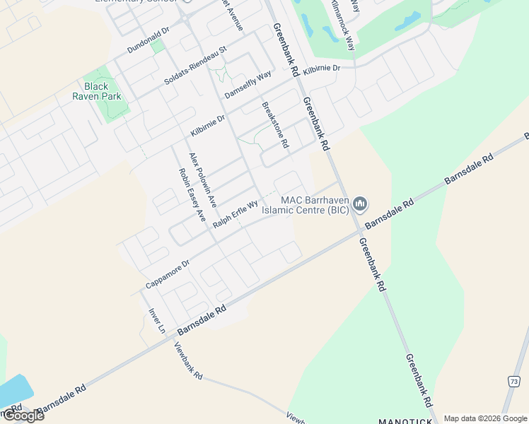 map of restaurants, bars, coffee shops, grocery stores, and more near 2609 River Mist Road in Ottawa