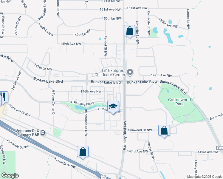 map of restaurants, bars, coffee shops, grocery stores, and more near 7266 Bunker Lake Boulevard in Ramsey