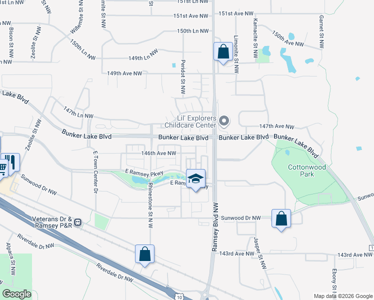 map of restaurants, bars, coffee shops, grocery stores, and more near 7266 Bunker Lake Boulevard in Ramsey
