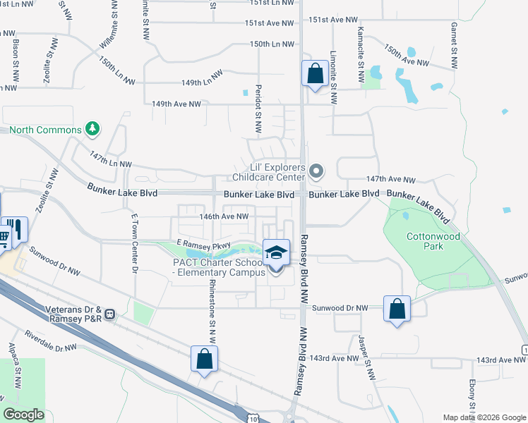 map of restaurants, bars, coffee shops, grocery stores, and more near 7266 Bunker Lake Boulevard in Ramsey