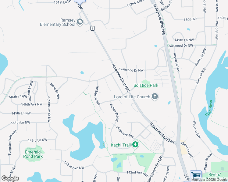 map of restaurants, bars, coffee shops, grocery stores, and more near 14637 Iodine Court Northwest in Ramsey