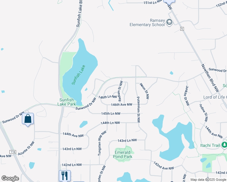 map of restaurants, bars, coffee shops, grocery stores, and more near 6077 146th Lane Northwest in Ramsey