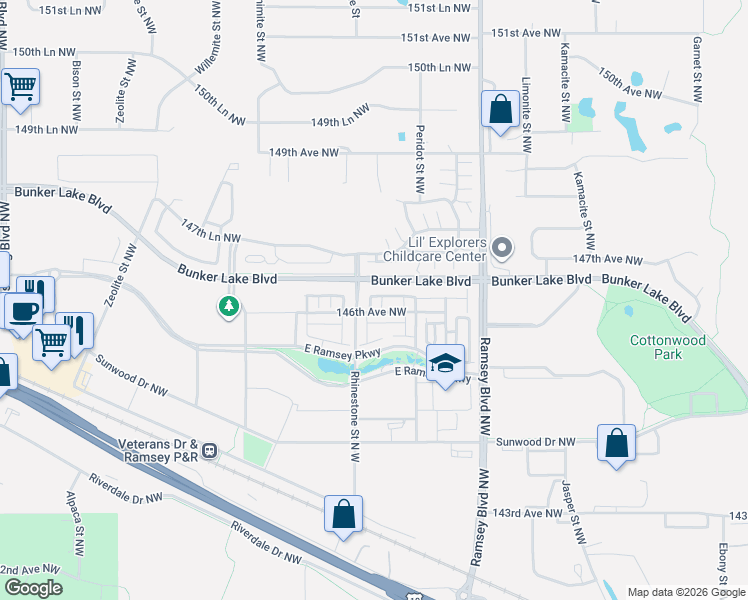 map of restaurants, bars, coffee shops, grocery stores, and more near 7374 Bunker Lake Boulevard in Ramsey