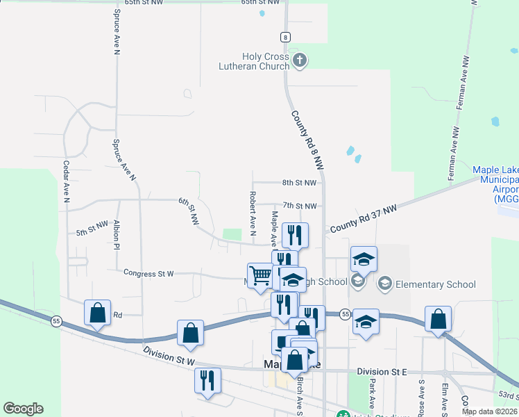 map of restaurants, bars, coffee shops, grocery stores, and more near 701 Robert Avenue North in Maple Lake