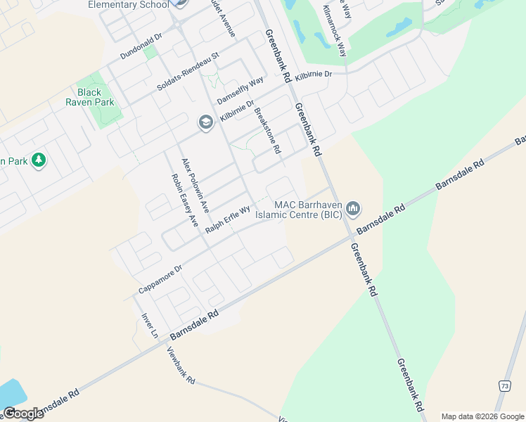 map of restaurants, bars, coffee shops, grocery stores, and more near 2602 River Mist Road in Ottawa