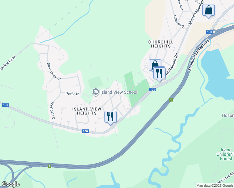 map of restaurants, bars, coffee shops, grocery stores, and more near 385 Ridge Row in Saint John