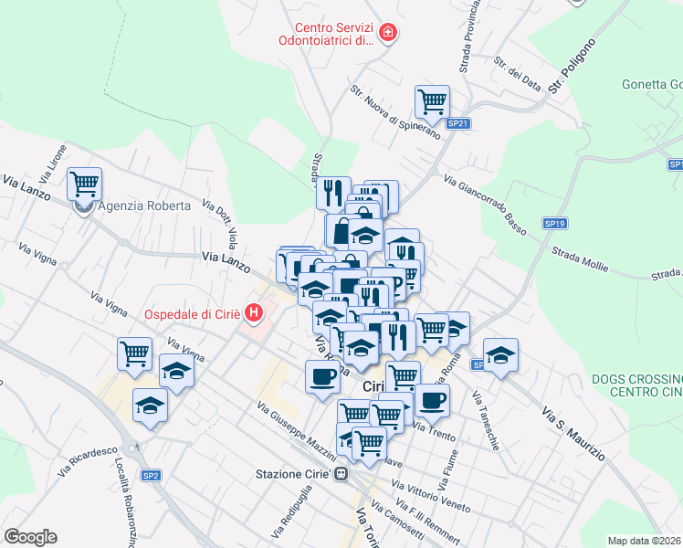 map of restaurants, bars, coffee shops, grocery stores, and more near 5 Vicolo Disturba in Ciriè