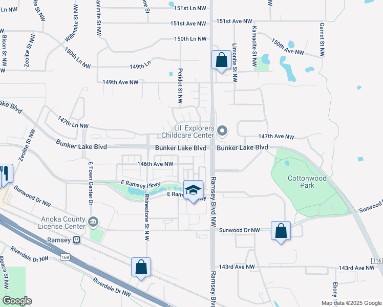 map of restaurants, bars, coffee shops, grocery stores, and more near 7266 Bunker Lake Boulevard in Ramsey