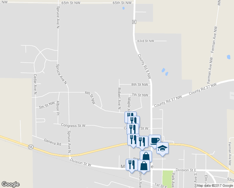 map of restaurants, bars, coffee shops, grocery stores, and more near 701 Robert Avenue North in Maple Lake