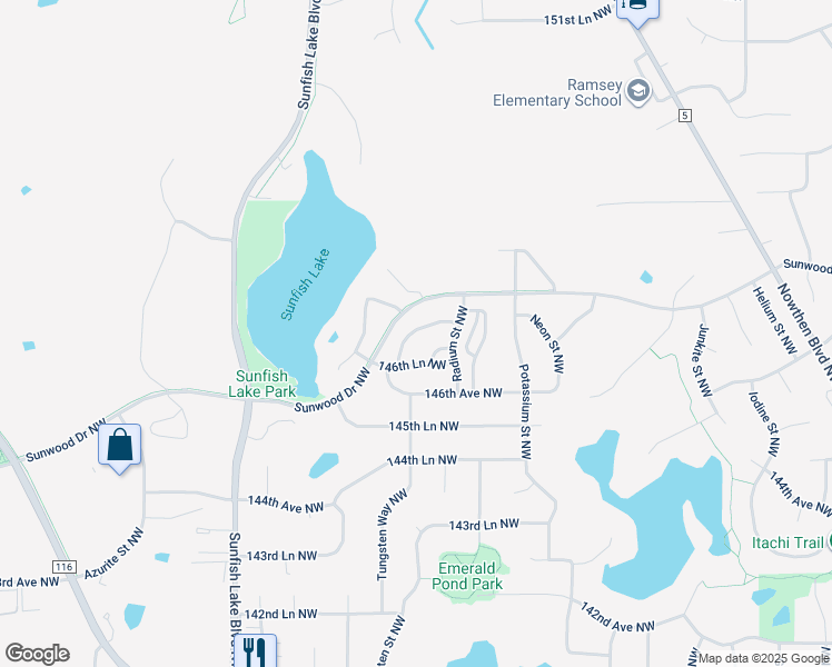 map of restaurants, bars, coffee shops, grocery stores, and more near 14662 Sodium Street in Ramsey