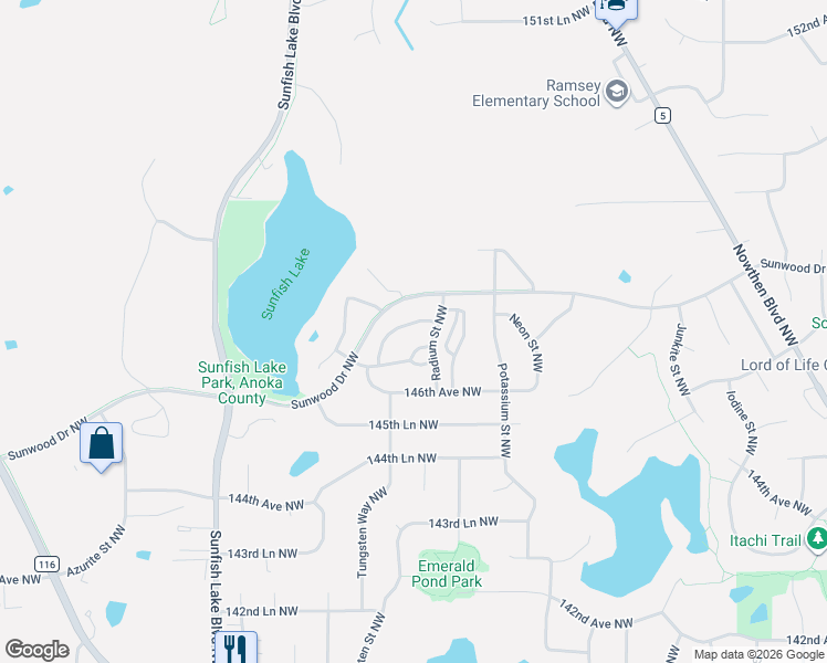 map of restaurants, bars, coffee shops, grocery stores, and more near 14683 Sodium Street Northwest in Anoka