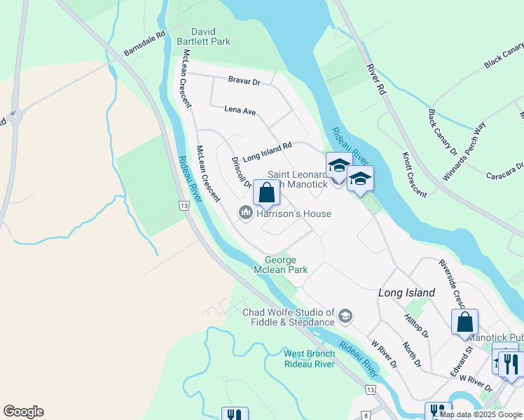 map of restaurants, bars, coffee shops, grocery stores, and more near 1134 Hartwell Road in Ottawa