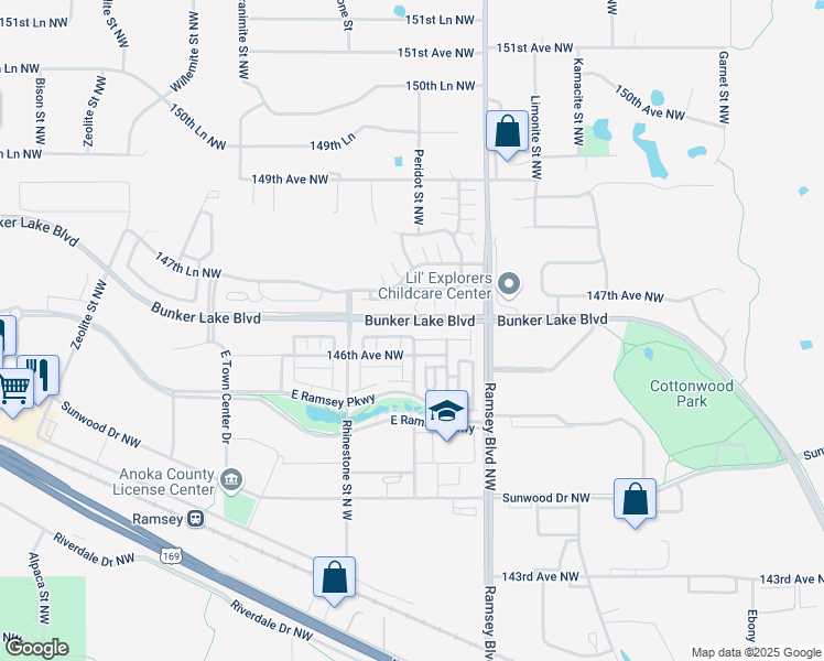 map of restaurants, bars, coffee shops, grocery stores, and more near 7314 Bunker Lake Boulevard in Ramsey