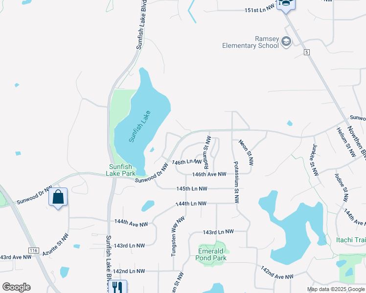map of restaurants, bars, coffee shops, grocery stores, and more near 14662 Sodium Street in Ramsey