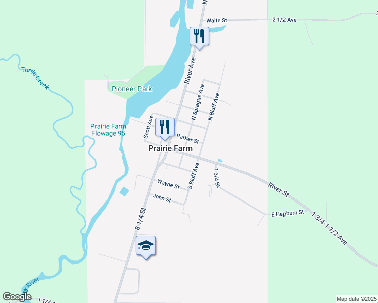 map of restaurants, bars, coffee shops, grocery stores, and more near 205 East Hepburn Street in Prairie Farm
