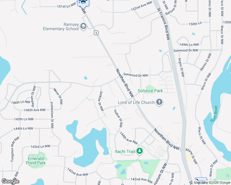 map of restaurants, bars, coffee shops, grocery stores, and more near 14637 Iodine Court Northwest in Ramsey
