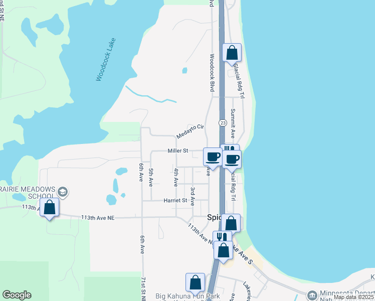 map of restaurants, bars, coffee shops, grocery stores, and more near 301 Miller Street in Spicer