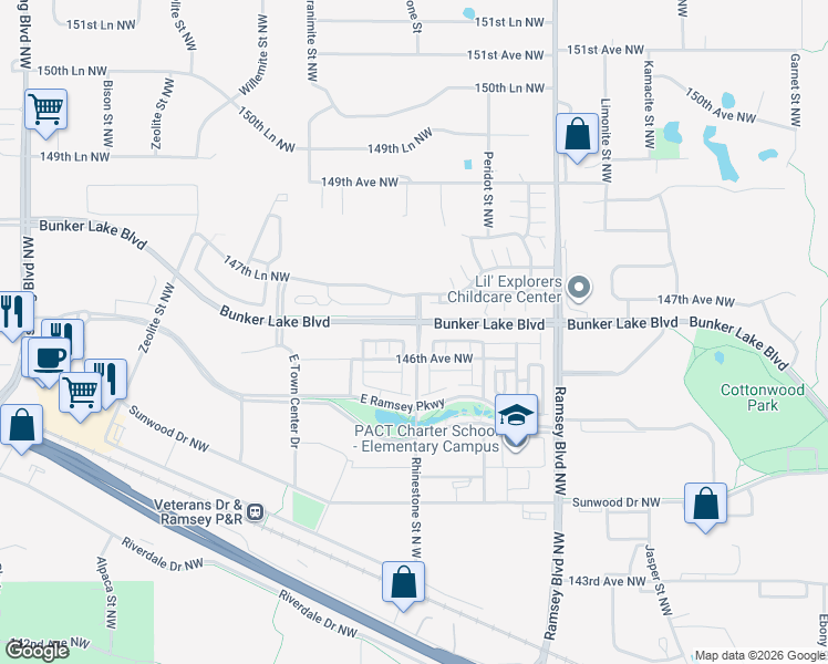 map of restaurants, bars, coffee shops, grocery stores, and more near 7426 Bunker Lake Boulevard in Ramsey
