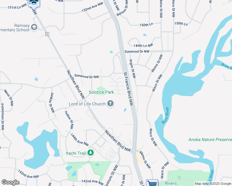 map of restaurants, bars, coffee shops, grocery stores, and more near 14660 Cobalt Street Northwest in Ramsey