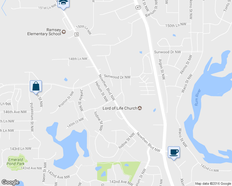 map of restaurants, bars, coffee shops, grocery stores, and more near 5511 146th Avenue Northwest in Ramsey