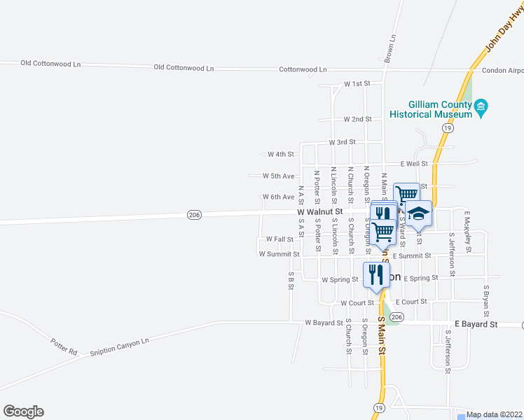 map of restaurants, bars, coffee shops, grocery stores, and more near 615 West Walnut Street in Condon