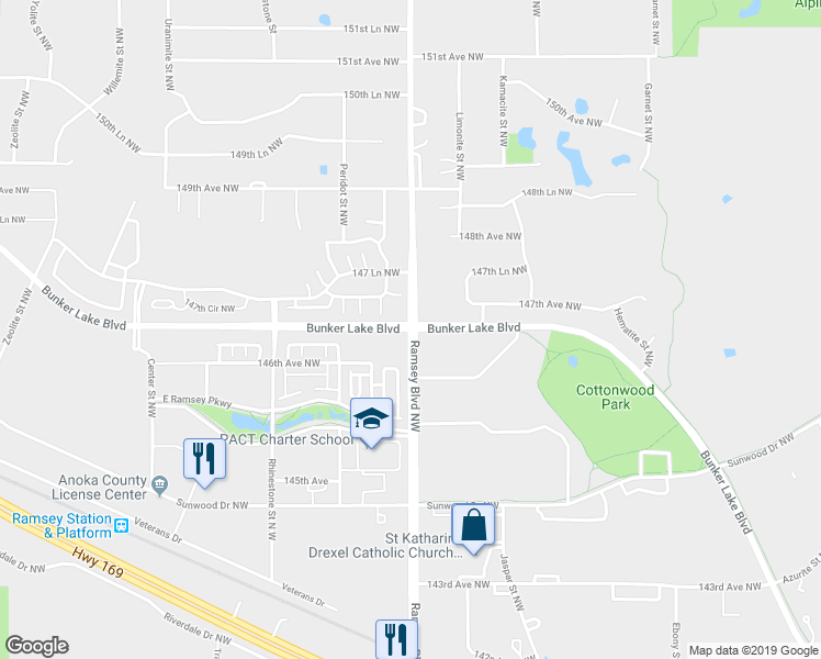 map of restaurants, bars, coffee shops, grocery stores, and more near 7316 Bunker Lake Boulevard in Anoka