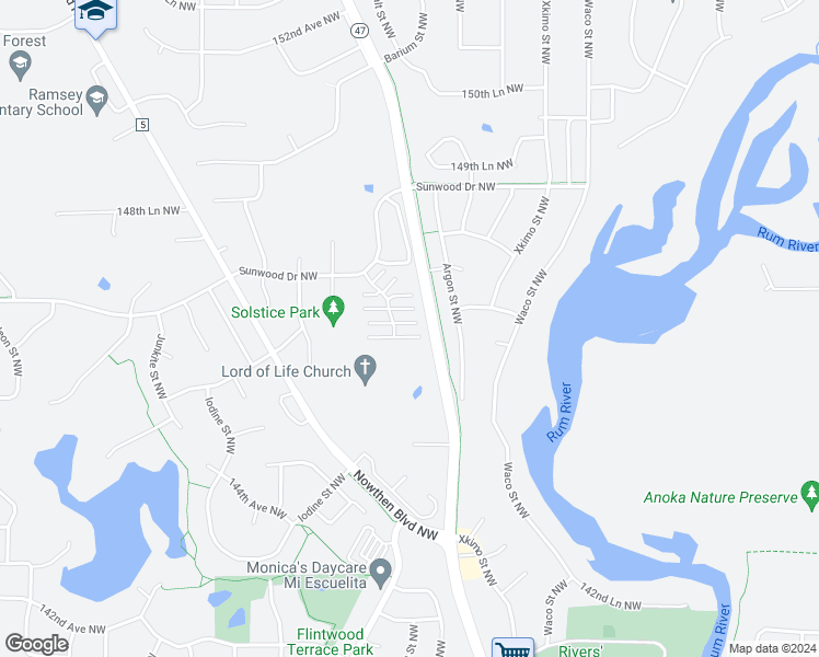 map of restaurants, bars, coffee shops, grocery stores, and more near 14661 Cobalt Street Northwest in Anoka