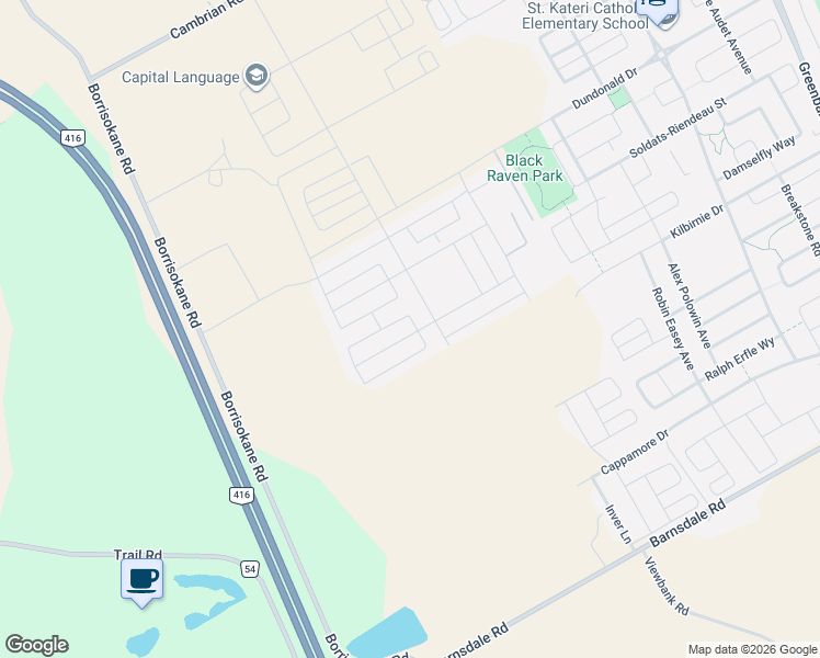 map of restaurants, bars, coffee shops, grocery stores, and more near 161 Rugosa Street in Ottawa