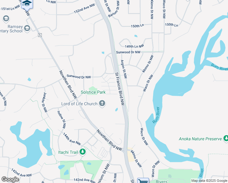 map of restaurants, bars, coffee shops, grocery stores, and more near 14661 Cobalt Street Northwest in Ramsey