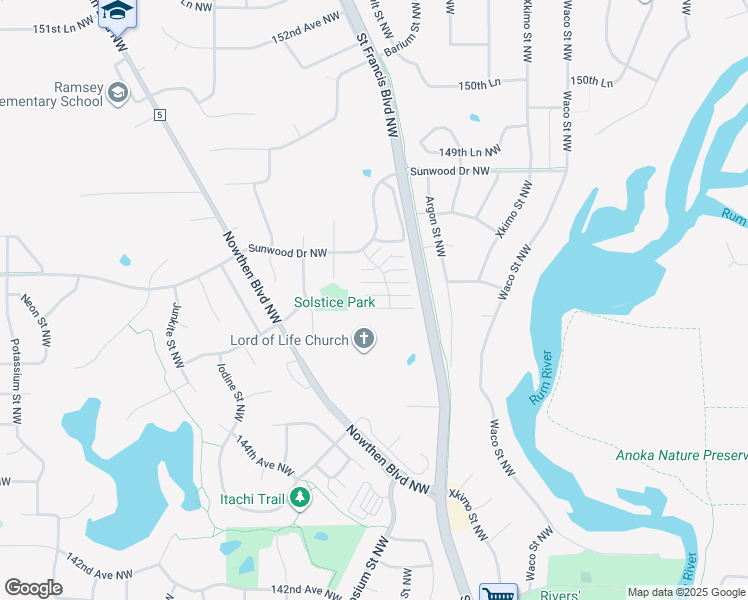 map of restaurants, bars, coffee shops, grocery stores, and more near 14660 Cobalt Street Northwest in Ramsey