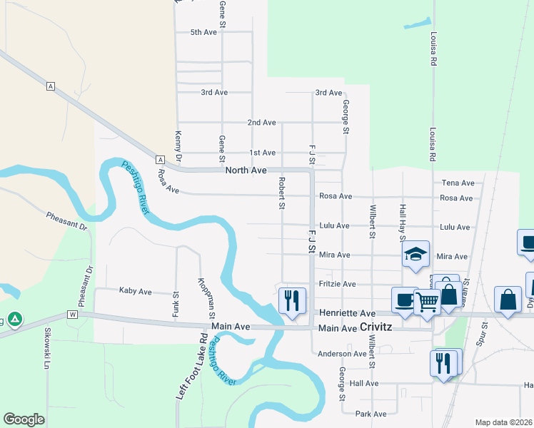 map of restaurants, bars, coffee shops, grocery stores, and more near 1108 Lulu Avenue in Crivitz