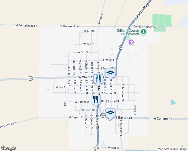 map of restaurants, bars, coffee shops, grocery stores, and more near 112 North Oregon Street in Condon