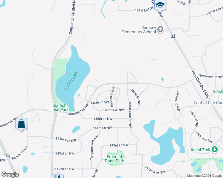 map of restaurants, bars, coffee shops, grocery stores, and more near 14690 Sodium Street in Ramsey